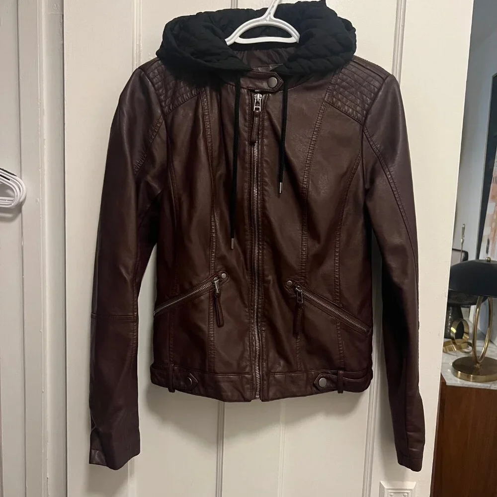 Sebby brown faux leather biker jacket w/black quilted hood/vest size s - Picture 5 of 12